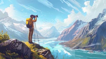 Creative illustration of a photographer capturing a scenic landscape for World Photography Dayの素材