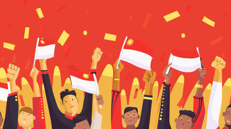 Illustration of hands raised in unity holding the Indonesian flag, symbolizing freedom and national pride on Independence Day.の素材