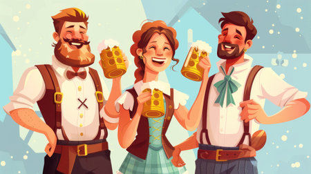 Cheerful cartoon characters in traditional Bavarian attire clinking beer steins at Oktoberfestの素材