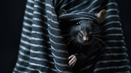 Captivating shot of a mischievous black mouse adorned in stripes, employing a cloth mask to conceal its identity as a clever thiefの素材