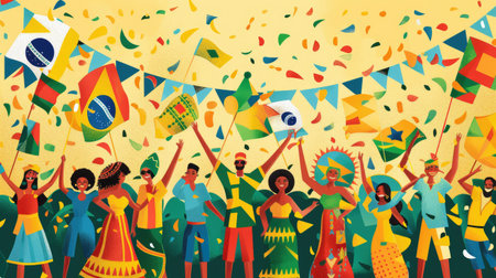 Colorful illustration of Brazil's Independence Day parade with flags, traditional attire, and joyful crowdsの素材