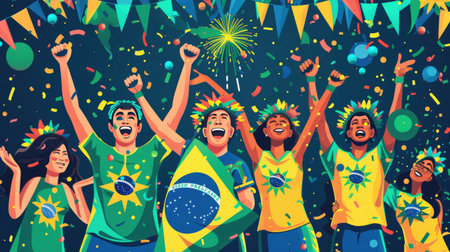 Festive illustration of people celebrating Brazil's Independence Day with fireworks and national flagsの素材