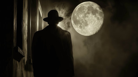 Gripping scene of a detective's shadow in the moonlight, adding an air of suspenseの素材