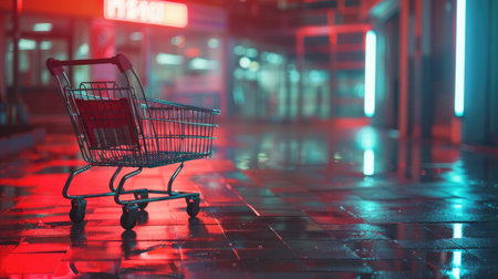 Gleaming shopping cart sitting alone, poised for loading with goodsの素材
