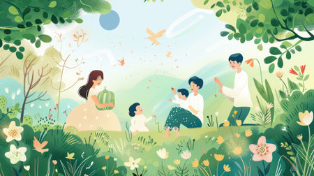 Heartwarming illustration of a family enjoying nature, highlighting the importance of the ozone layerの素材