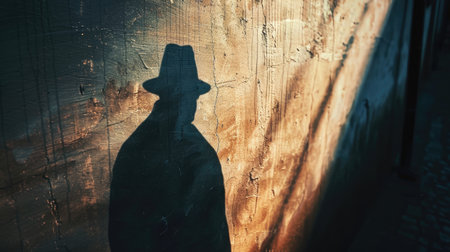 Intriguing shot of a detective's shadow cast on a wall, hinting at a thrilling investigationの素材