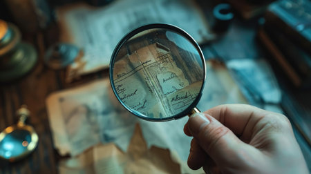 Magnifying glass unveils hidden clues, exposing the criminal's true mark in a gripping investigation sceneの素材