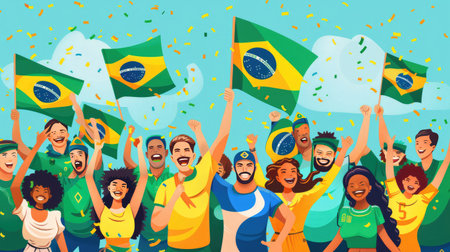 Joyful illustration of a multicultural group of people waving Brazilian flags in celebrationの素材