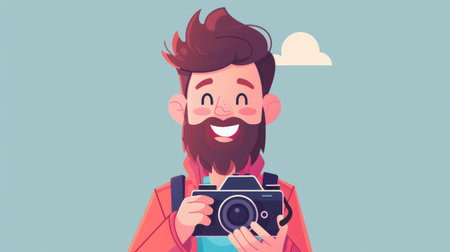 Stylish character holding a modern DSLR camera, smiling for World Photography Dayの素材