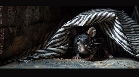 Playful shot of a black mouse donning a striped shirt, its face hidden by a cloth as it takes on the role of a sneaky thiefの素材