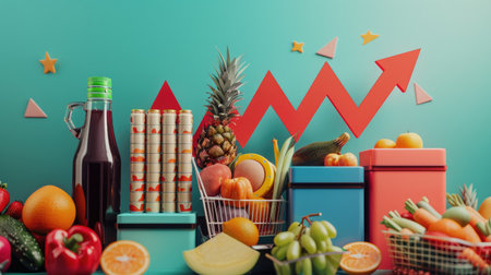 Grocery items placed alongside a financial graph with an upward 3D arrow, symbolizing the inflation crisis in food costsの素材