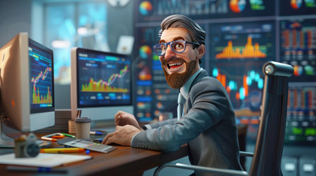 Cheerful 3D businessman seated at his desk, analyzing financial data on his computer, with both front and back perspectives shownの素材