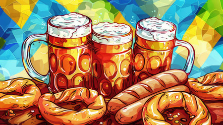 Whimsical Oktoberfest cartoon with frothy beer mugs, pretzels, and bratwursts against a backdrop of Bavarian flagsの素材