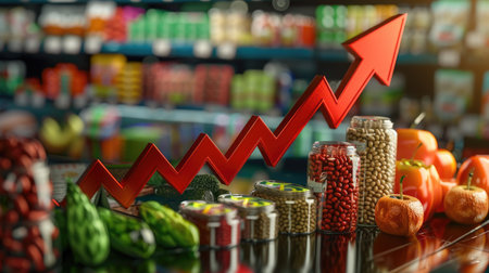 3D arrow ascending on a financial chart with groceries, highlighting the inflation crisis in food costsの素材