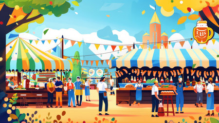 Vibrant Oktoberfest market illustration with stalls selling beer, sausages, and traditional Bavarian delicaciesの素材
