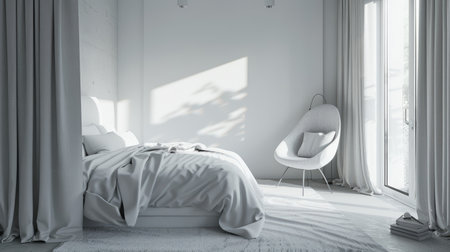 Create a calming sanctuary with a modern white bedroom, featuring minimalist design and soft textures for a tranquil ambiance.の素材