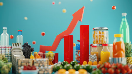 Graph with a 3D arrow pointing upward and grocery products, representing the inflation crisis and rising food costsの素材