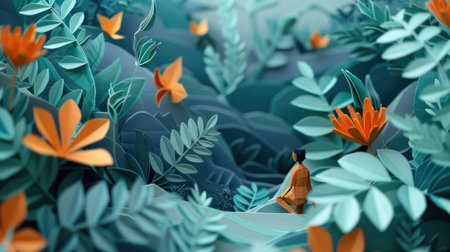 Paper craft creation showcasing a person amidst a meticulously designed paper scene, offering a unique and enchanting visual experienceの素材