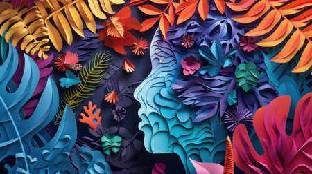 Detailed paper cutout artwork portraying a person immersed in a vibrant paper environment, highlighting the intricacy of paper artistryの素材