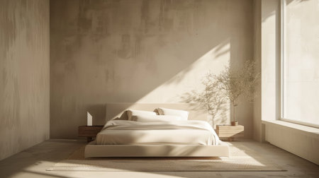 Tranquil minimalist bedroom with clean lines and neutral tones, offering a serene space for relaxationの素材