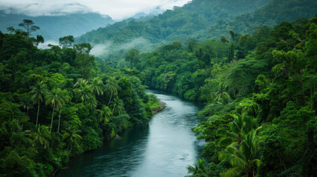 Pristine river winding its way through a dense, verdant tropical forest, offering a glimpse of untouched wildernessの素材