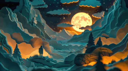 Paper craft creation showcasing a person amidst a meticulously designed paper scene, offering a unique and enchanting visual experienceの素材