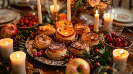 A festive table setting featuring Pasteis de Nata surrounded by fresh fruit and decorative candles, perfect for a special occasion.の素材