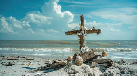 A cross made of seashells and driftwood on a sandy beach, with the ocean in the background.の素材
