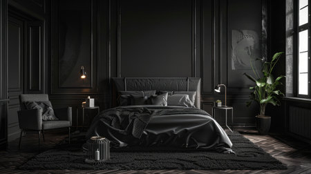 Experience the allure of modern luxury in a black-toned bedroom, featuring clean lines and understated elegance for a stylish retreatの素材