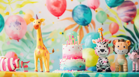 Fun and festive birthday invite with adorable watercolor zoo animals on a vibrant, whimsical background.の素材