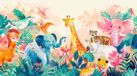Colorful and whimsical birthday party invite featuring charming watercolor zoo animals on a lively backdrop.の素材