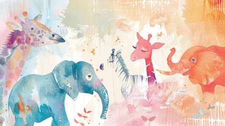 Colorful and whimsical birthday party invite featuring charming watercolor zoo animals on a lively backdrop.の素材