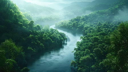 Majestic river cutting through dense tropical forest, creating a mesmerizing scene of untouched natural beautyの素材