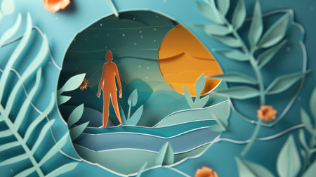 Whimsical paper cutout illustration showcasing a person in a detailed paper setting, inviting viewers into a world of creativityの素材