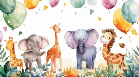 Charming watercolor zoo animals adorn this whimsical birthday invite, set against a vibrant and joyful backgroundの素材