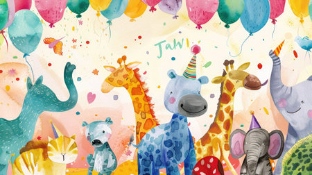 Create excitement with a whimsical birthday invite featuring watercolor zoo animals on a lively, vibrant backdrop.の素材