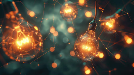 Glowing light bulbs forming a network, illuminating dark areas and showcasing the role of creativity in business breakthroughs.の素材