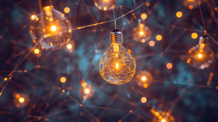 Bright light bulbs connected in a web, lighting up a dark space and symbolizing the synergy of creativity and business growth.の素材