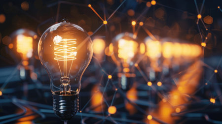 Brightly lit light bulbs connected together, illuminating a dark space and representing the power of creative thinking in business.の素材