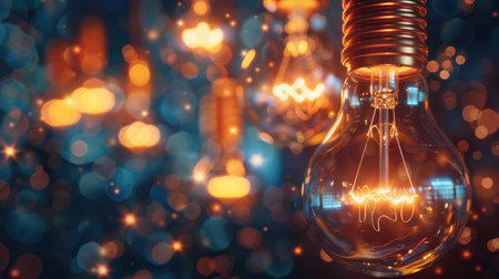 Brightly lit light bulbs connected together, illuminating a dark space and representing the power of creative thinking in business.の素材