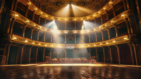 Empty classical theater with stunning golden decor, captured from the stage with a spotlight illuminating the grand interiorの素材