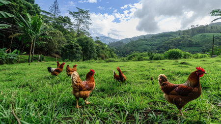 Chickens roaming freely in a lush green pasture, showcasing natural and sustainable farming practices.の素材