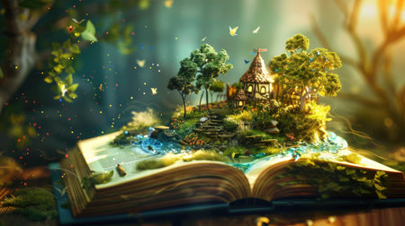 Digital book with augmented reality features on a tablet, showcasing the future of education and interactive learning.の素材