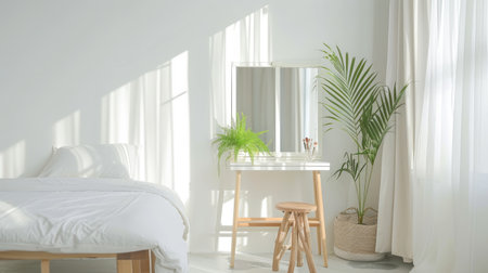 Minimalist bedroom setup with a big mirror, stylish dressing table, green plant, and wooden stool, all in a monochrome color schemeの素材