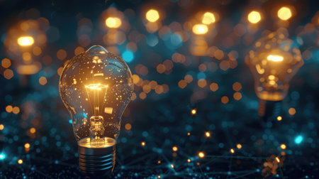 Cluster of interconnected light bulbs shining in the dark, highlighting the power of innovation in generating new business opportunities.の素材