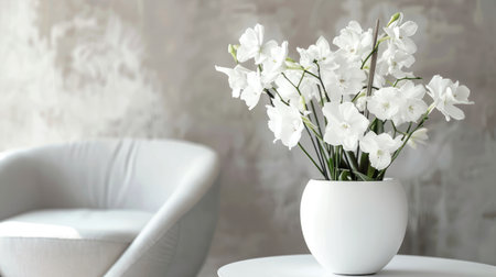 Elegant white flowers arranged in a modern white pot, ideal for a minimalist and chic design.の素材