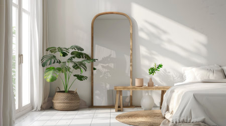 Contemporary bedroom in monochrome, showcasing a big mirror, modern dressing table, green plant, and wooden stool.の素材