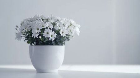 Simple and elegant white flowers in a white pot, perfect for a minimalist and serene aesthetic.の素材