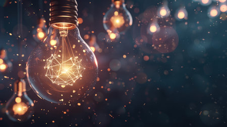 Illuminated light bulbs interconnected against a dark background, representing the fusion of creative ideas driving business innovationの素材