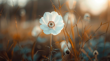 Single white flower against a blurred background, representing purity and innocence in its simplicity.の素材